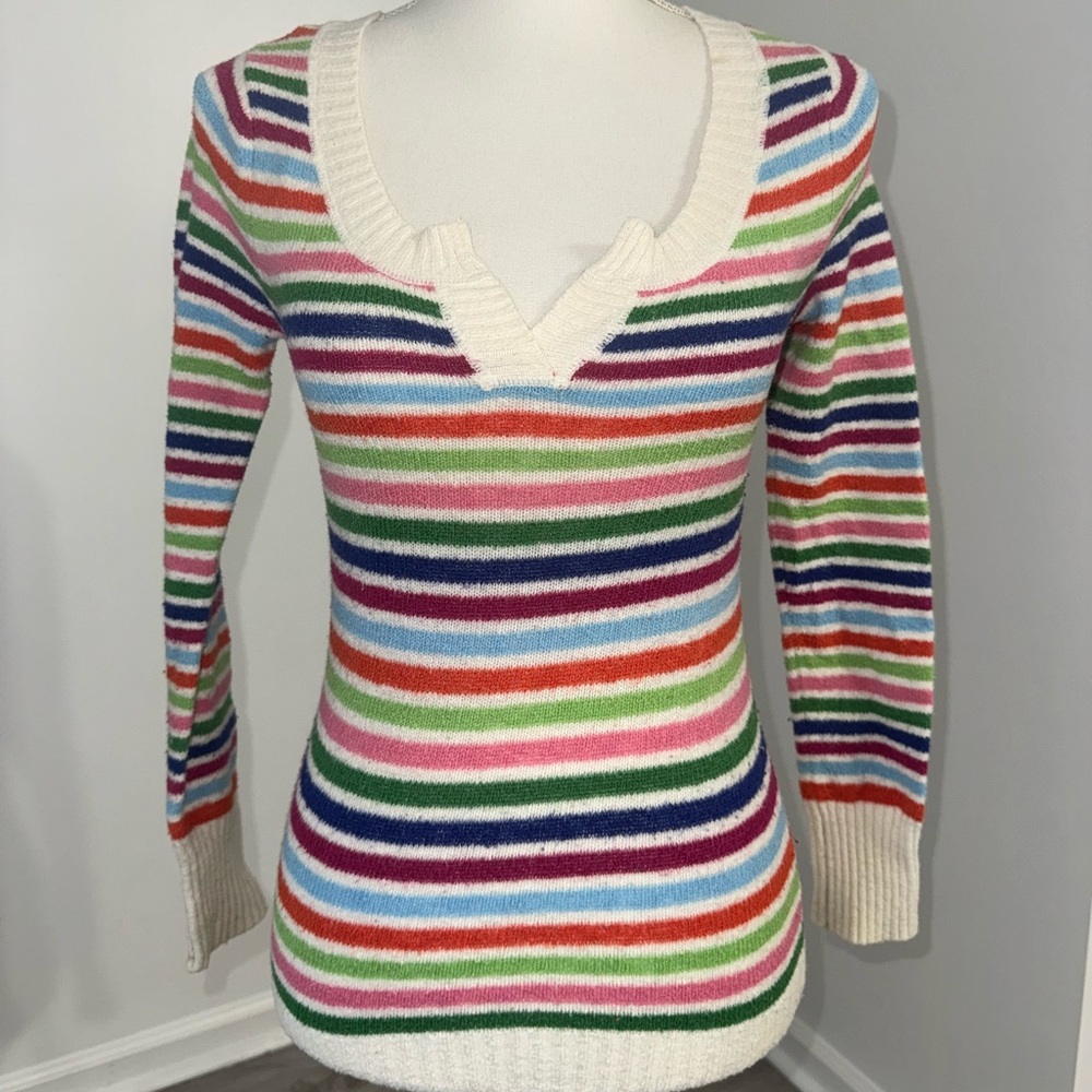 Aeropostale Rainbow Striped Knit Sweater XS Long Sleeve Notched V‎ Neck Y2K